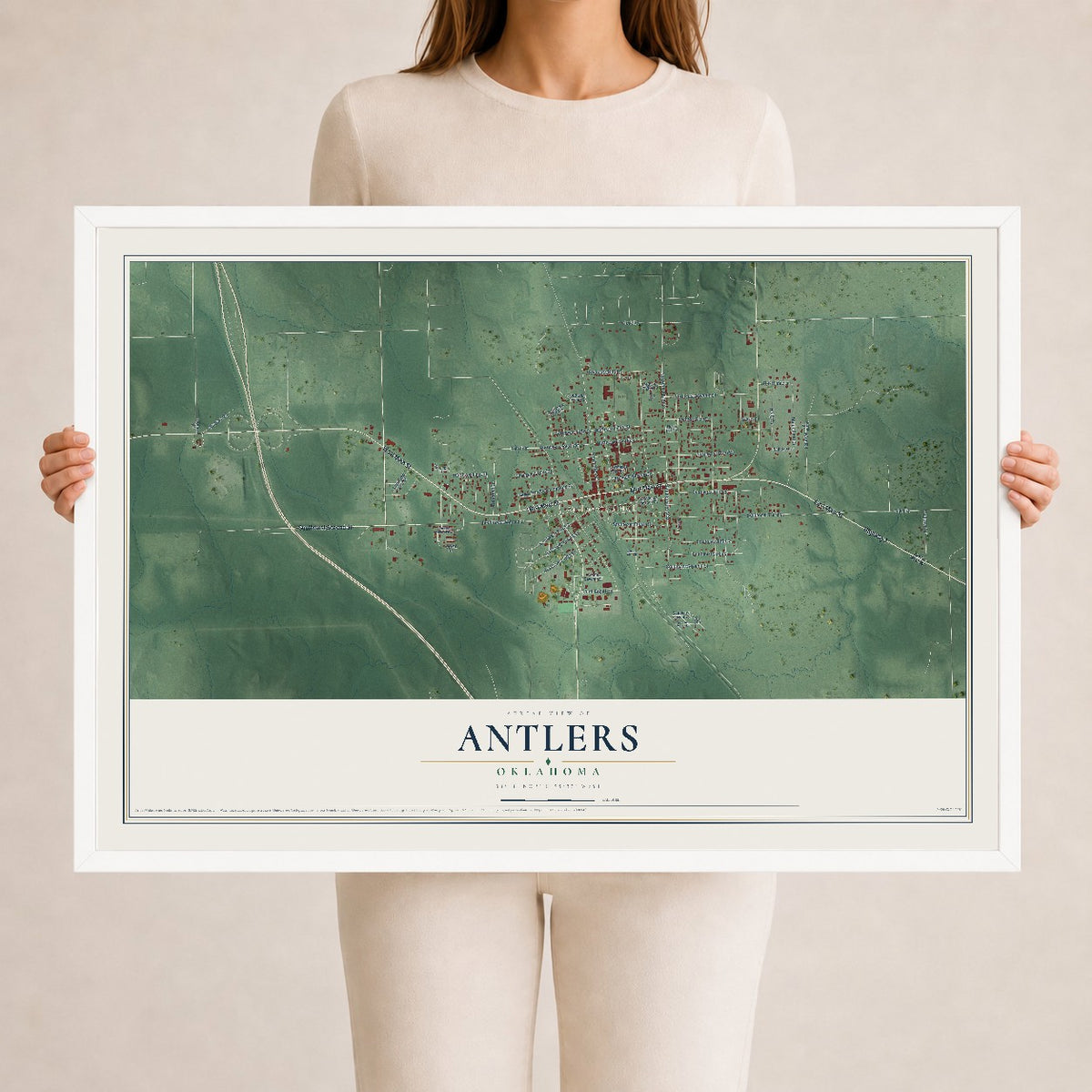 Map of Antlers, Oklahoma, 24 x 36 inch print in a white wood frame