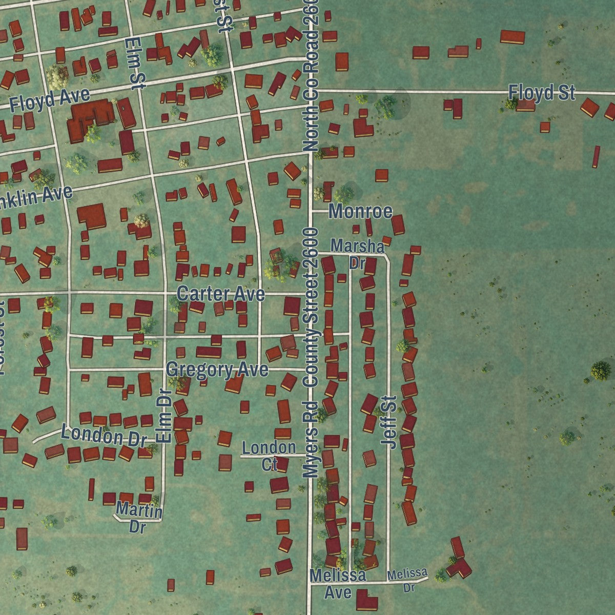 Second close-up of the map of Apache, Oklahoma print showing more streets and buildings
