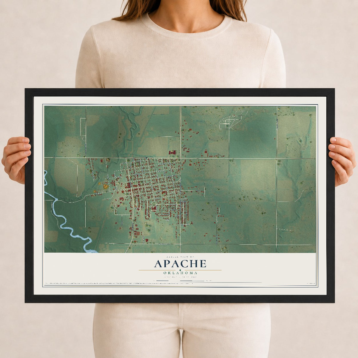 Map of Apache, Oklahoma, 12 x 18 inch print in a black wood frame
