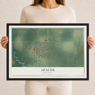 Map of Apache, Oklahoma, 12 x 18 inch print in a black wood frame