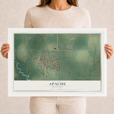 Map of Apache, Oklahoma, 12 x 18 inch print in a white wood frame