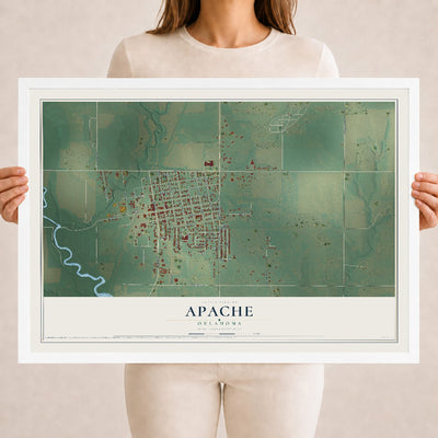 Map of Apache, Oklahoma, 18 x 24 inch print in a white wood frame