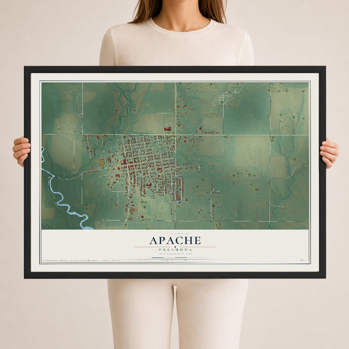 Map of Apache, Oklahoma, 24 x 36 inch print in a black wood frame