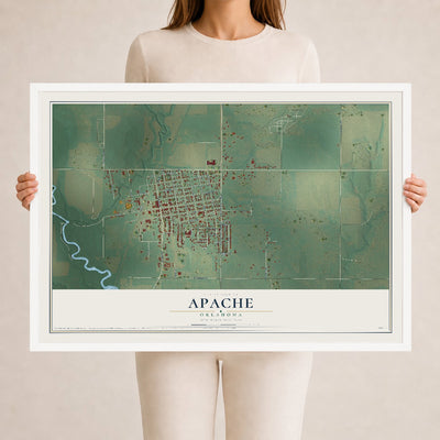 Map of Apache, Oklahoma, 24 x 36 inch print in a white wood frame
