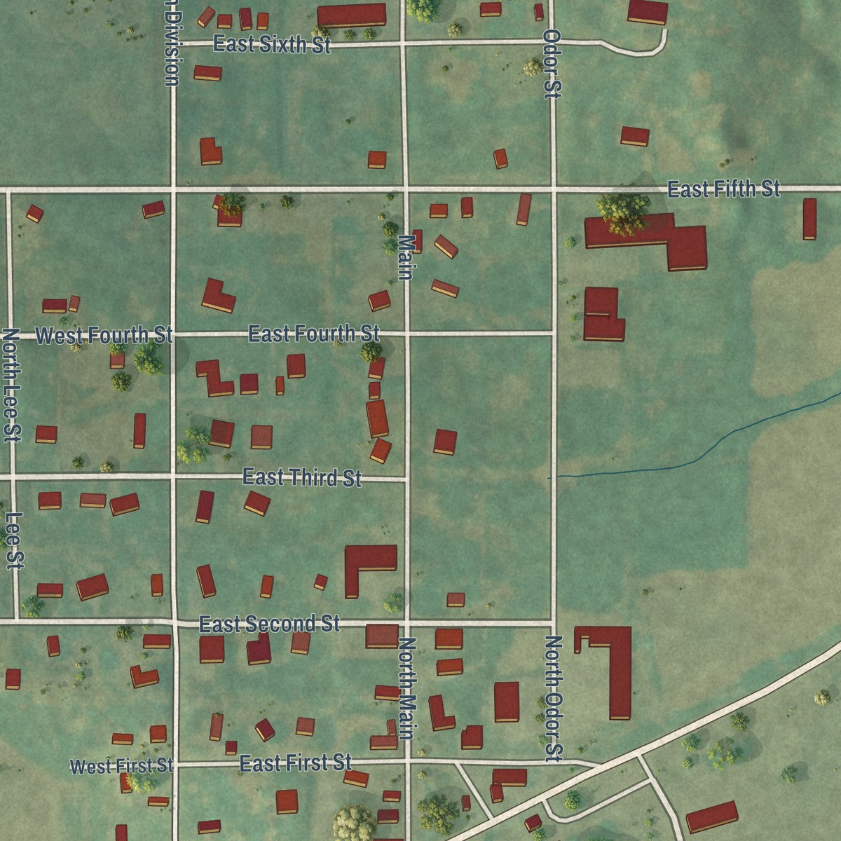 Close-up of the map of Arcadia, Oklahoma print showing street and building detail