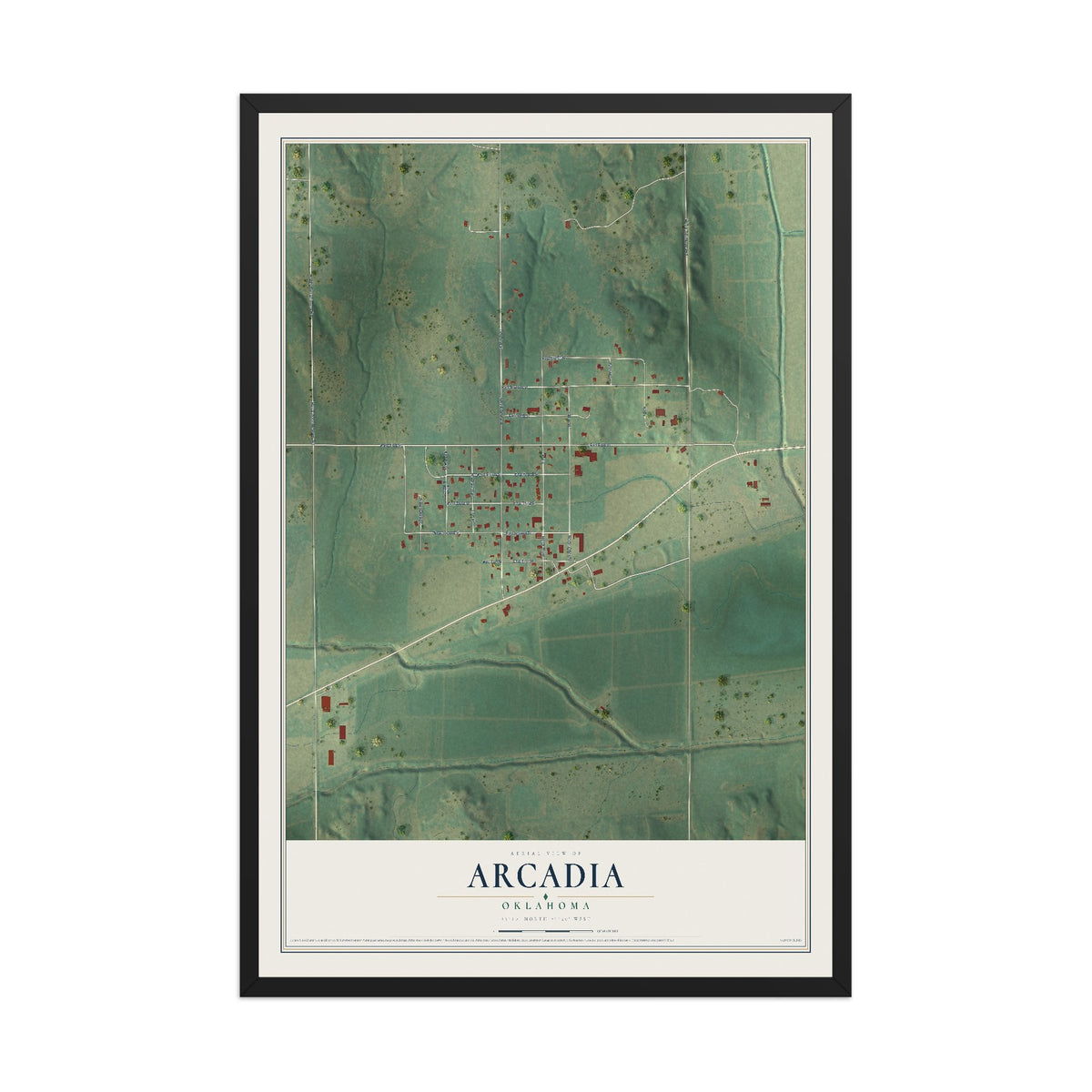 Map of Arcadia, Oklahoma, 12 x 18 inch print in a black wood frame