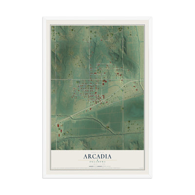 Map of Arcadia, Oklahoma, 12 x 18 inch print in a white wood frame