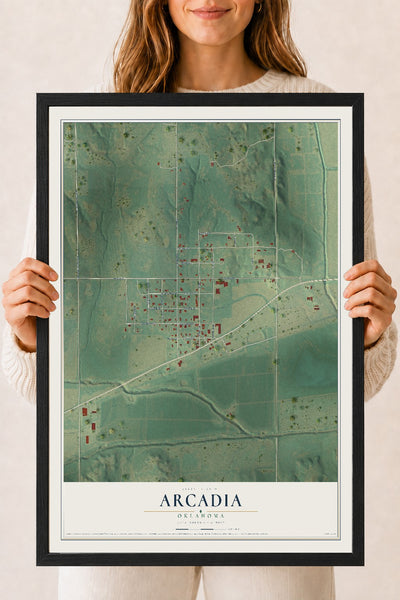 Map of Arcadia, Oklahoma, 18 x 24 inch print in a black wood frame