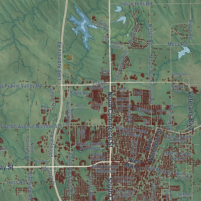 Close-up of the map of Ardmore, Oklahoma print showing street and building detail
