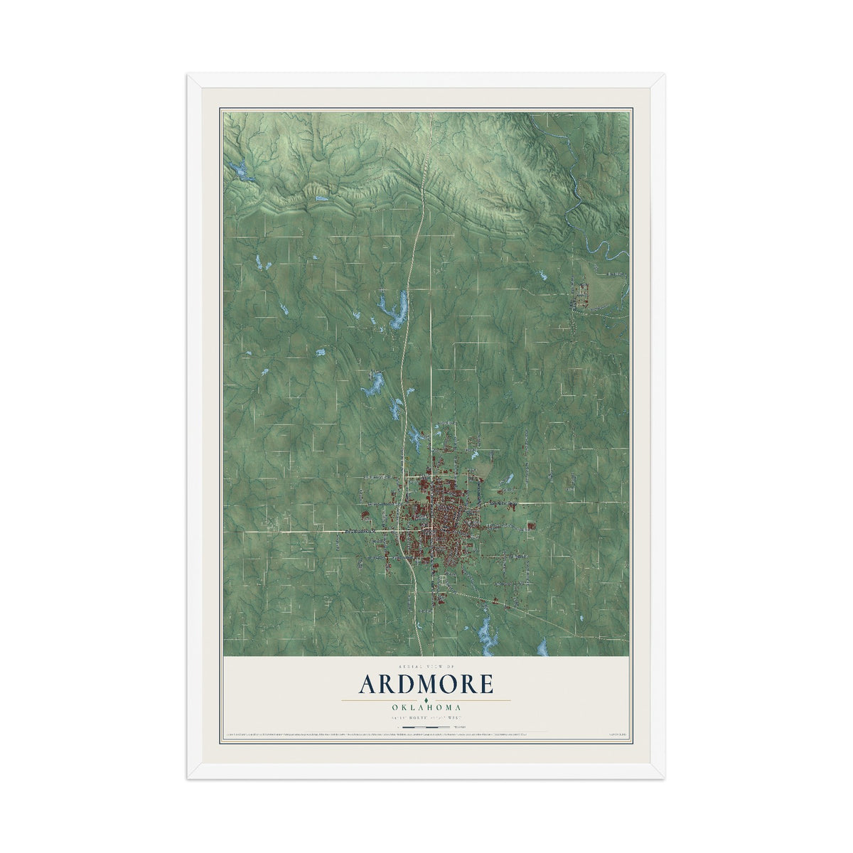 Map of Ardmore, Oklahoma, 12 x 18 inch print in a white wood frame