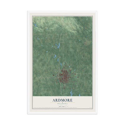 Map of Ardmore, Oklahoma, 12 x 18 inch print in a white wood frame