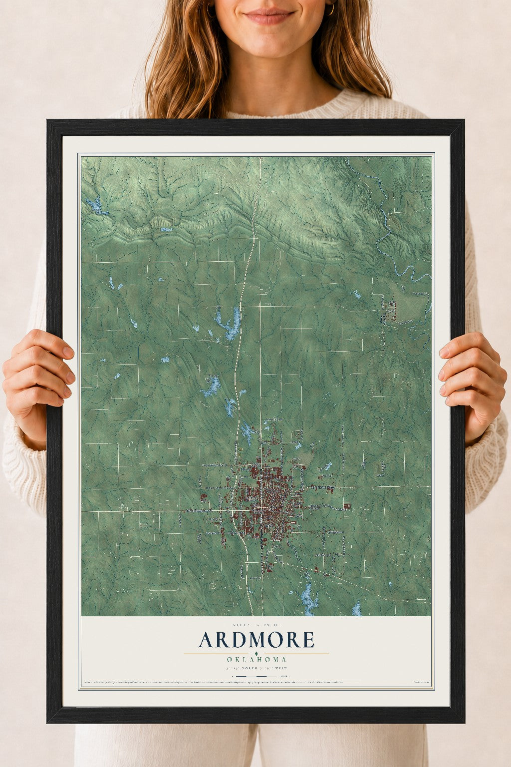 Map of Ardmore, Oklahoma, 18 x 24 inch print in a black wood frame