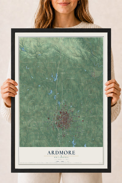 Map of Ardmore, Oklahoma, 18 x 24 inch print in a black wood frame