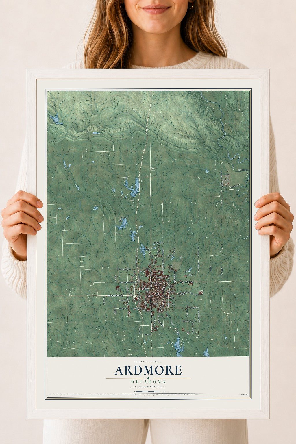 Map of Ardmore, Oklahoma, 18 x 24 inch print in a white wood frame