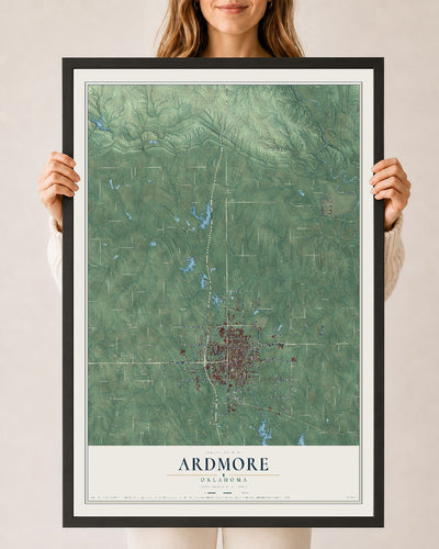 Map of Ardmore, Oklahoma, 24 x 36 inch print in a black wood frame