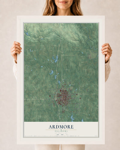 Map of Ardmore, Oklahoma, 24 x 36 inch print in a white wood frame
