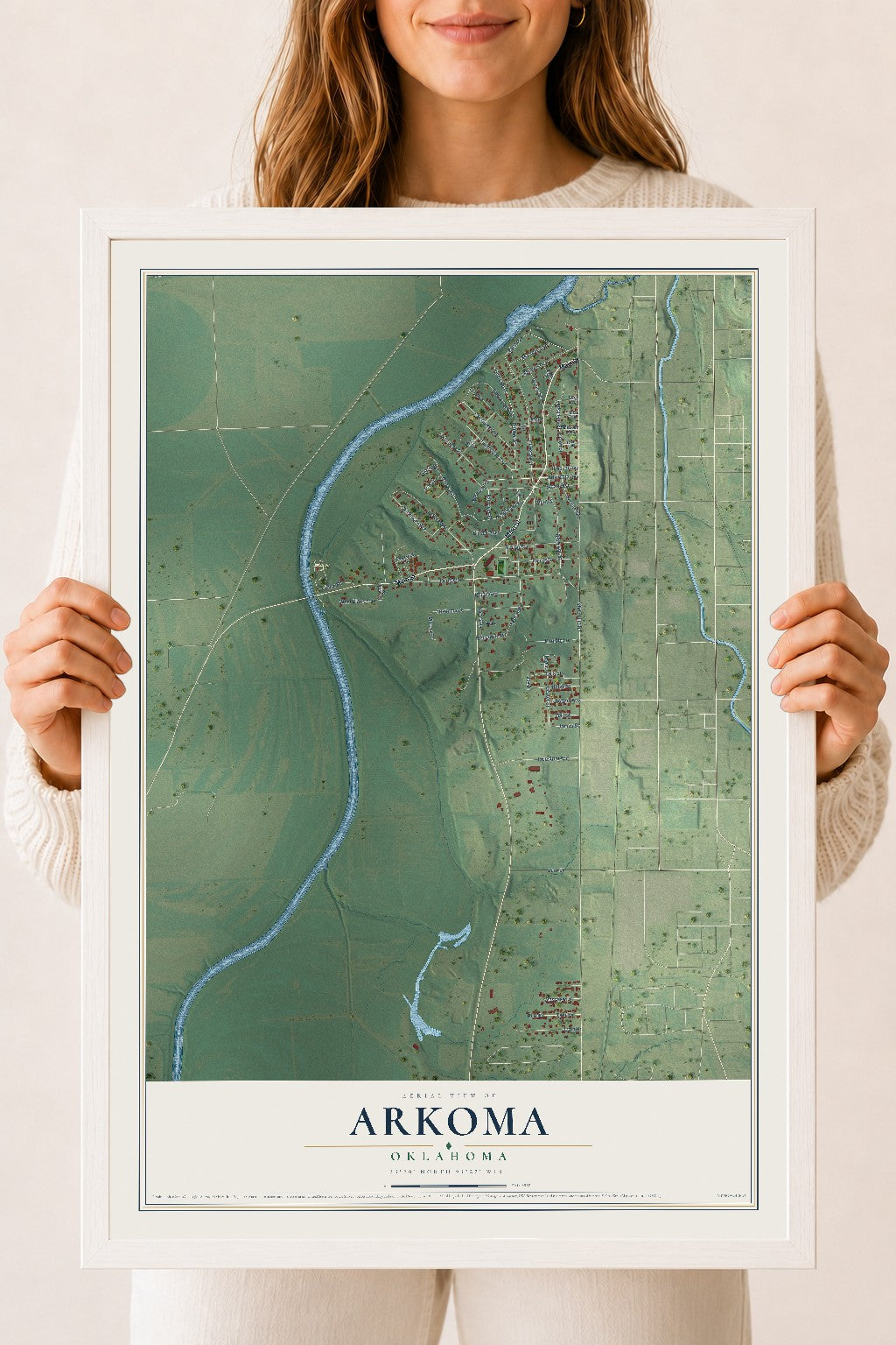 Map of Arkoma, Oklahoma, 18 x 24 inch print in a white wood frame