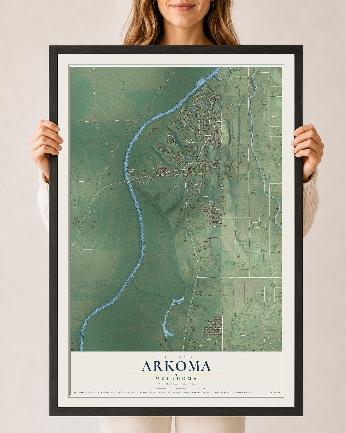 Map of Arkoma, Oklahoma, 24 x 36 inch print in a black wood frame