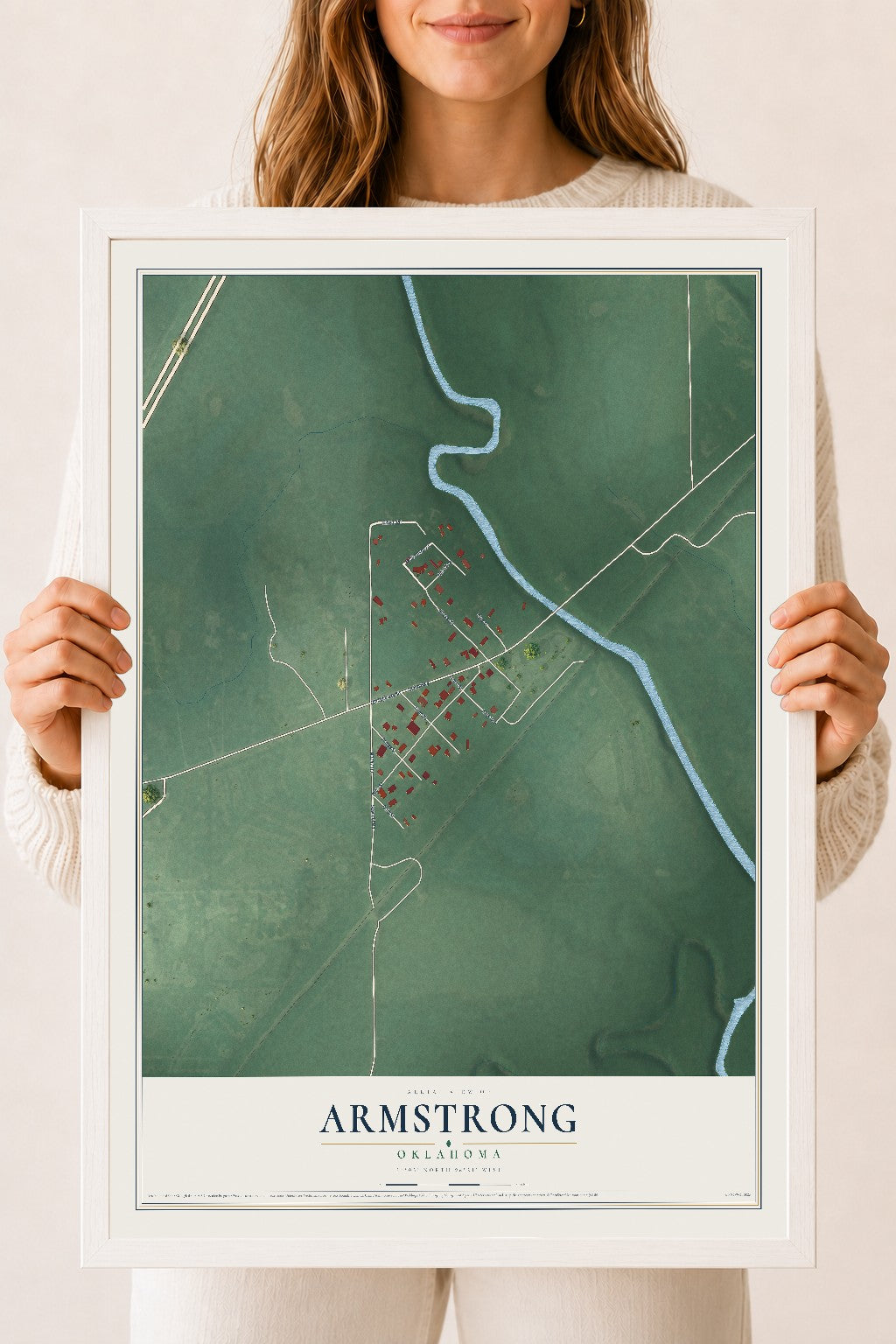 Map of Armstrong, Oklahoma, 18 x 24 inch print in a white wood frame