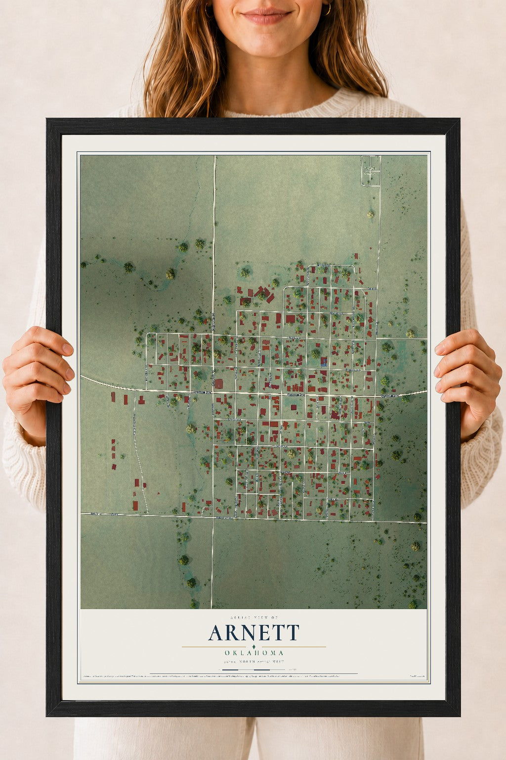 Map of Arnett, Oklahoma, 18 x 24 inch print in a black wood frame
