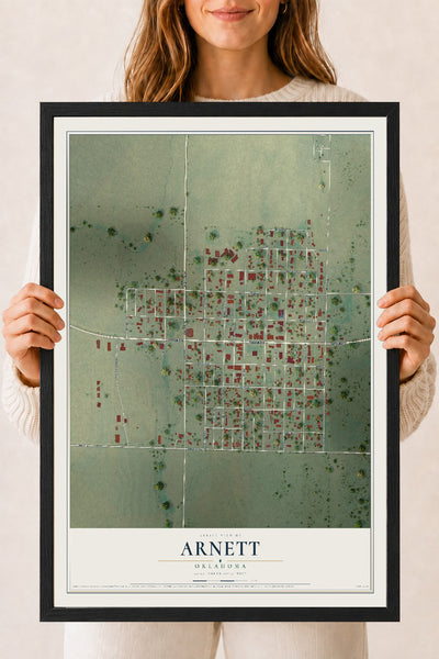 Map of Arnett, Oklahoma, 18 x 24 inch print in a black wood frame