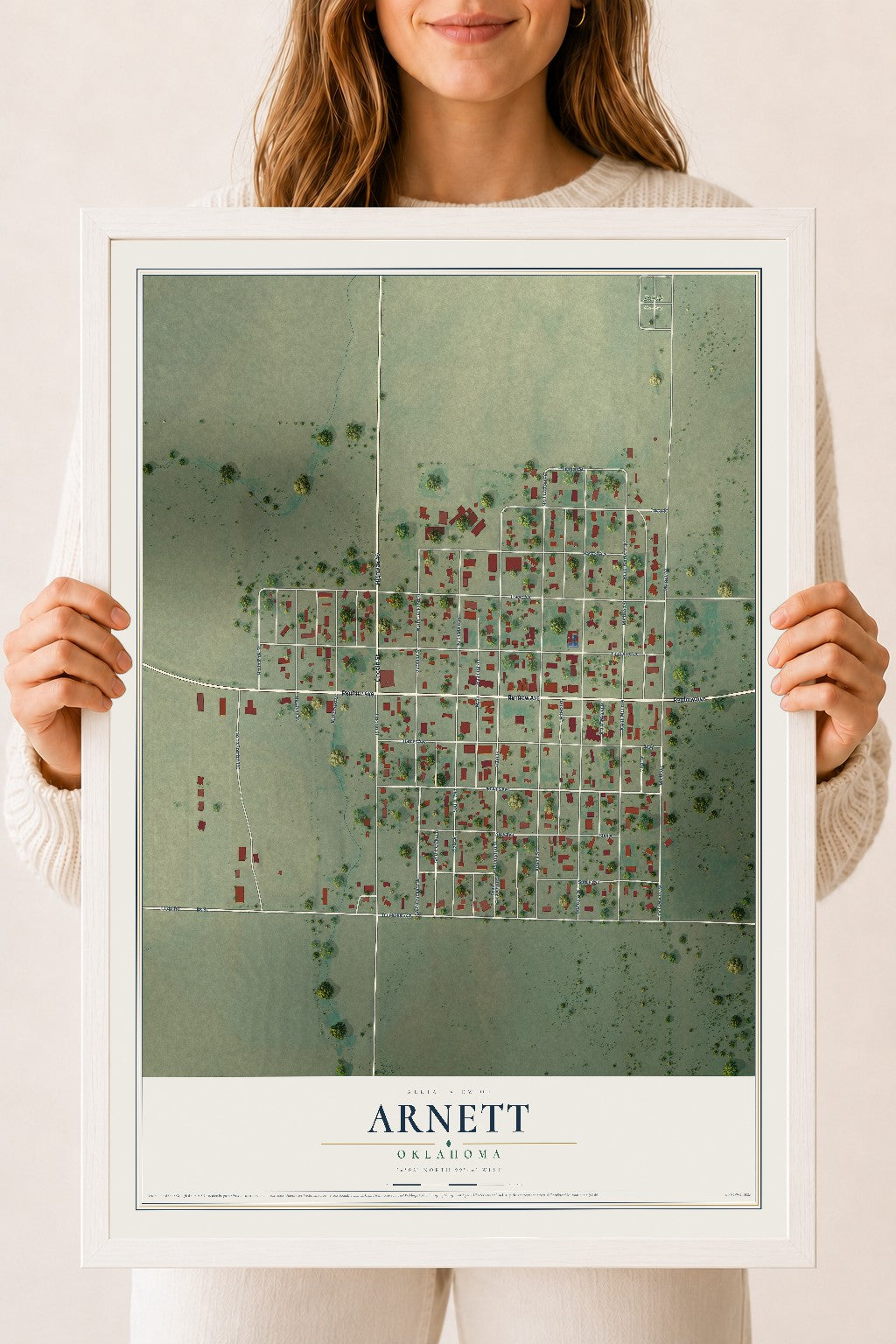 Map of Arnett, Oklahoma, 18 x 24 inch print in a white wood frame