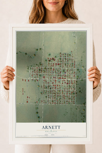 Map of Arnett, Oklahoma, 18 x 24 inch print in a white wood frame
