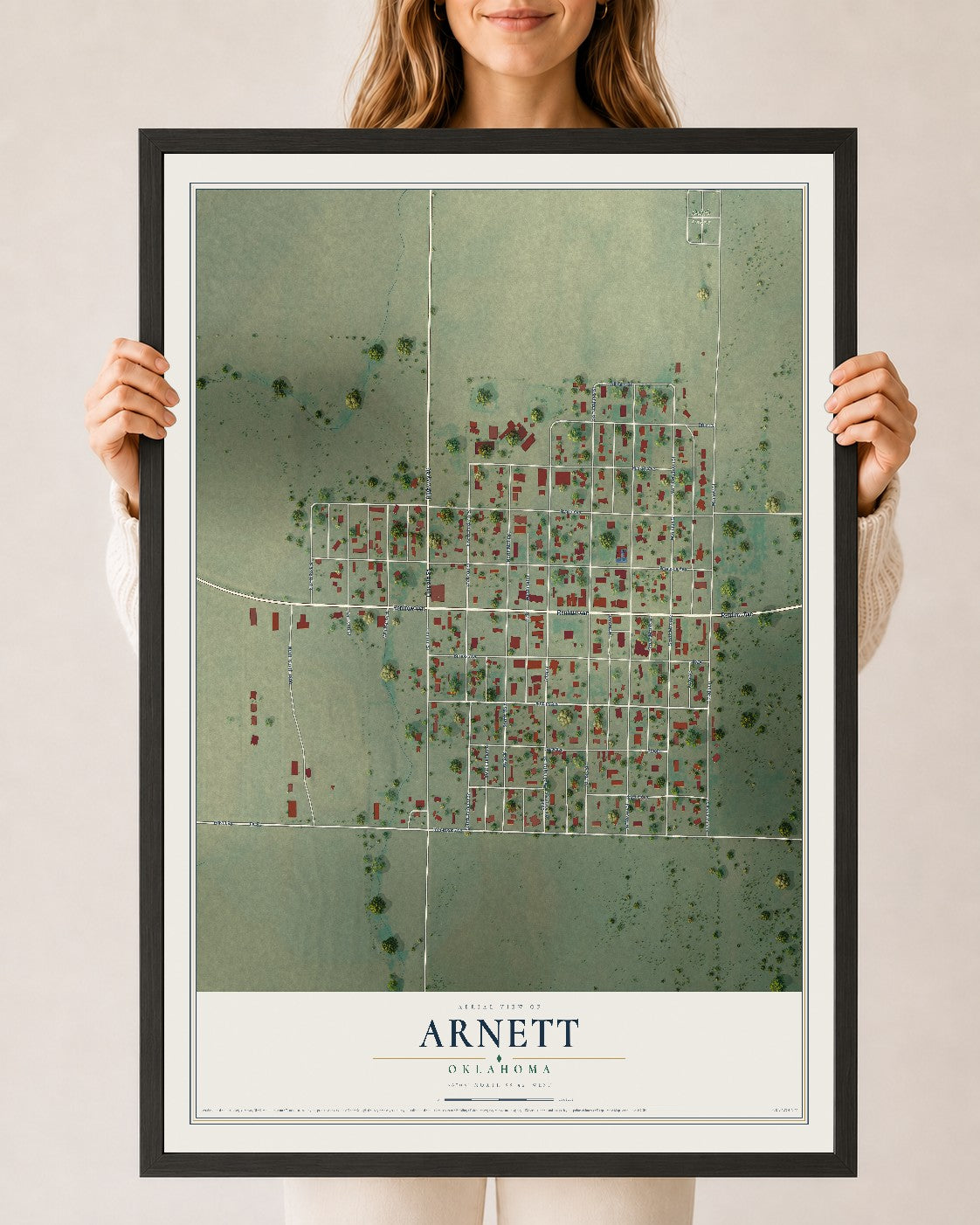 Map of Arnett, Oklahoma, 24 x 36 inch print in a black wood frame