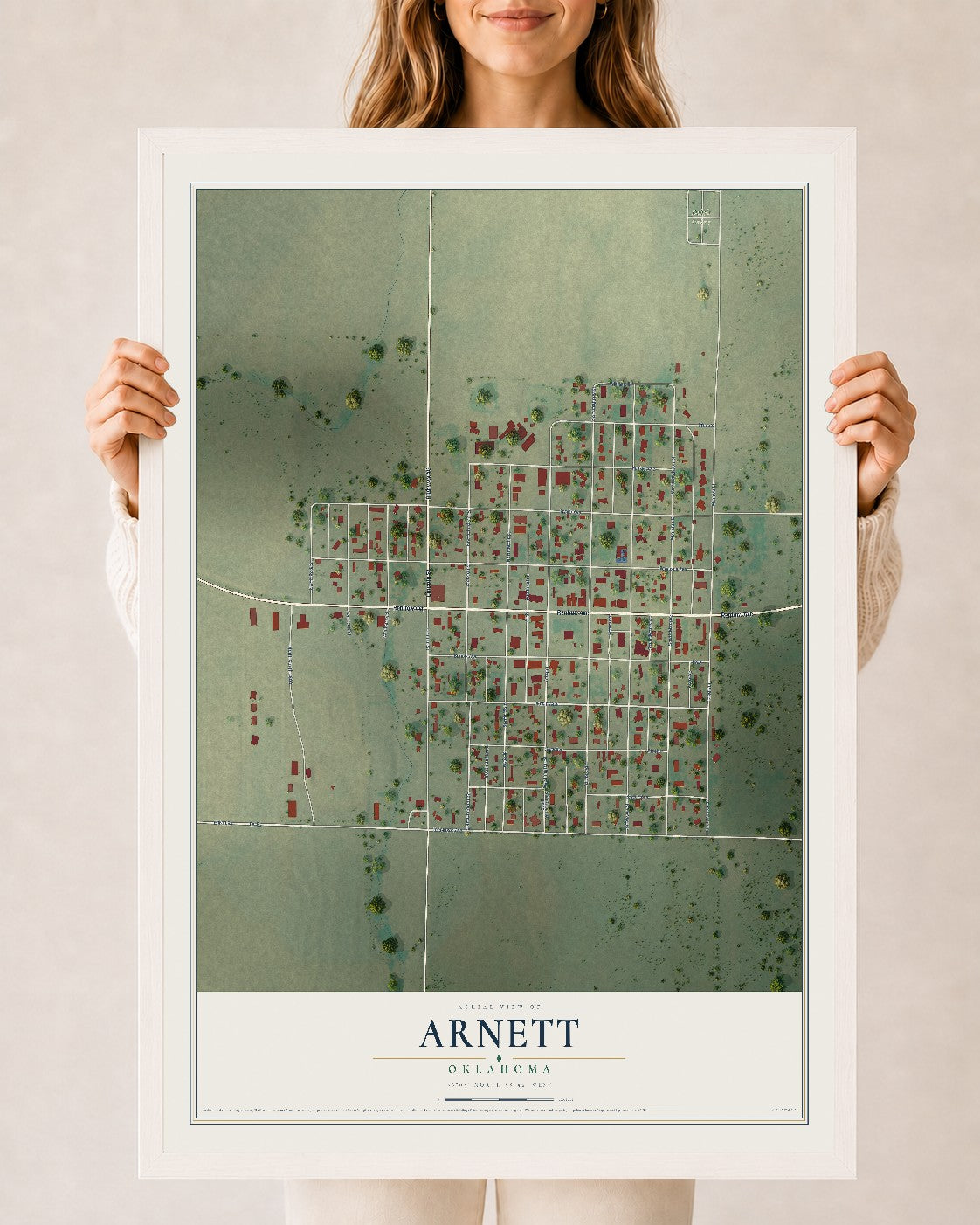 Map of Arnett, Oklahoma, 24 x 36 inch print in a white wood frame