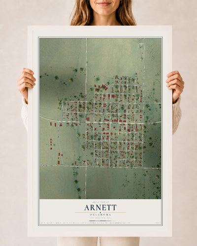Map of Arnett, Oklahoma, 24 x 36 inch print in a white wood frame