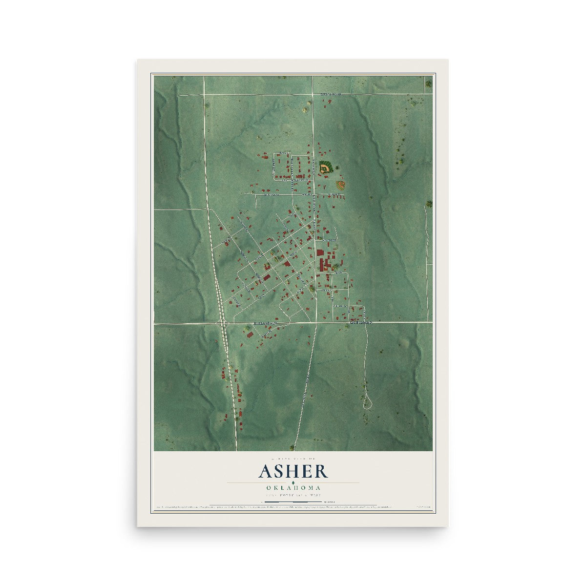Map of Asher, Oklahoma, 12 x 18 inch unframed archival matte print