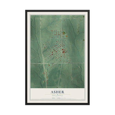 Map of Asher, Oklahoma, 12 x 18 inch print in a black wood frame