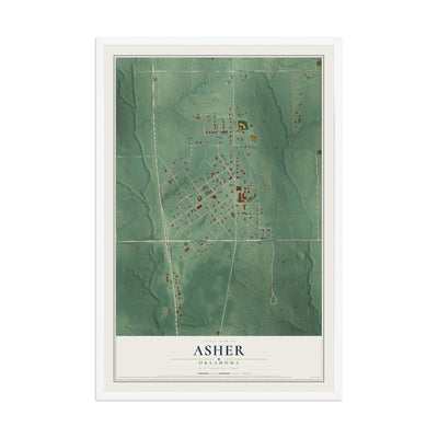 Map of Asher, Oklahoma, 12 x 18 inch print in a white wood frame