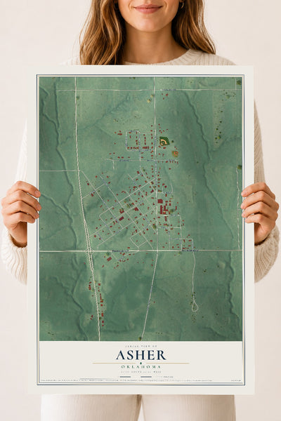 Map of Asher, Oklahoma, 18 x 24 inch unframed archival matte print