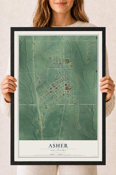 Map of Asher, Oklahoma, 18 x 24 inch print in a black wood frame