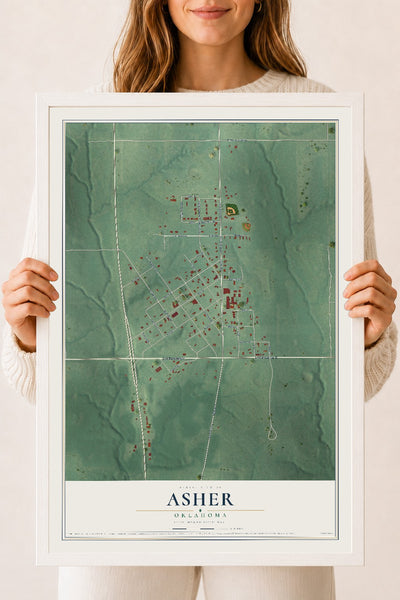 Map of Asher, Oklahoma, 18 x 24 inch print in a white wood frame