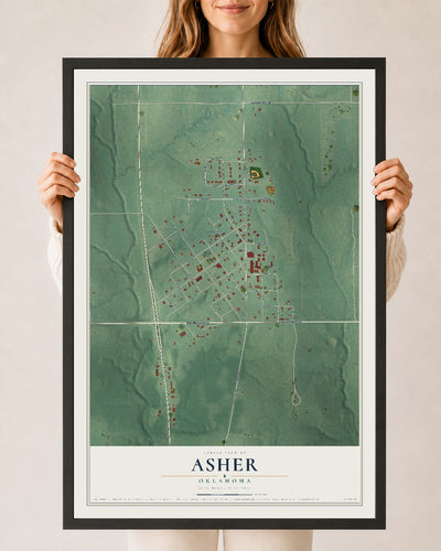 Map of Asher, Oklahoma, 24 x 36 inch print in a black wood frame