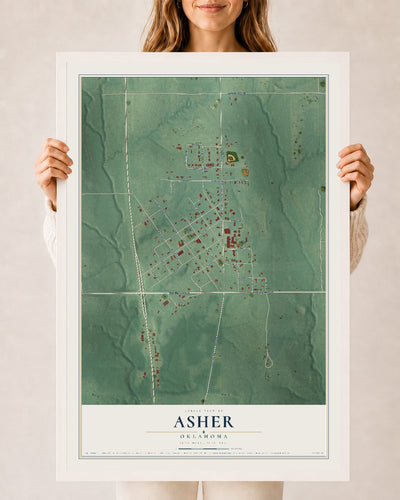 Map of Asher, Oklahoma, 24 x 36 inch print in a white wood frame