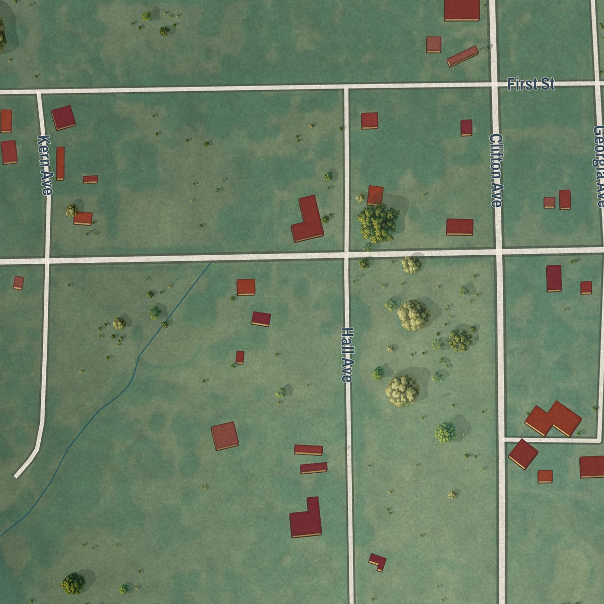 Close-up of the map of Ashland, Oklahoma print showing street and building detail
