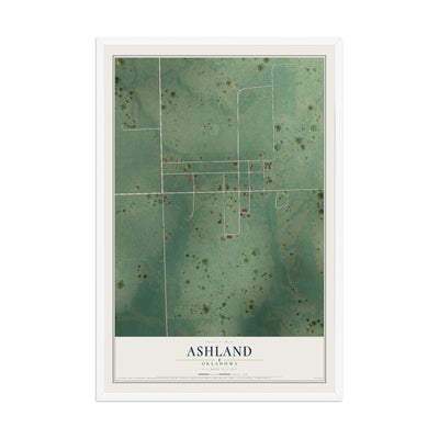 Map of Ashland, Oklahoma, 12 x 18 inch print in a white wood frame