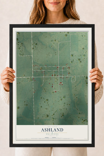 Map of Ashland, Oklahoma, 18 x 24 inch print in a black wood frame