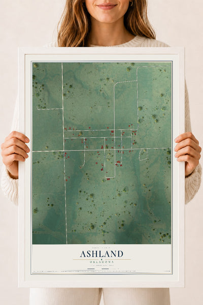 Map of Ashland, Oklahoma, 18 x 24 inch print in a white wood frame