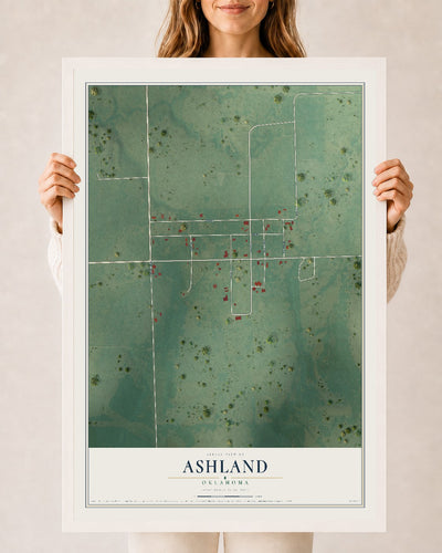 Map of Ashland, Oklahoma, 24 x 36 inch print in a white wood frame