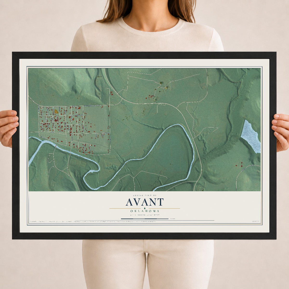 Map of Avant, Oklahoma, 18 x 24 inch print in a black wood frame