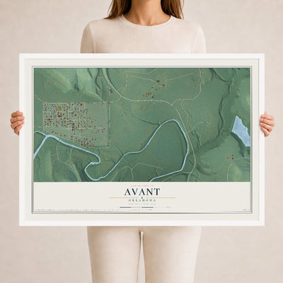 Map of Avant, Oklahoma, 24 x 36 inch print in a white wood frame