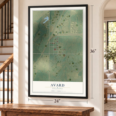 Avard, Oklahoma map, 24 x 36 inch print in a black frame by a staircase