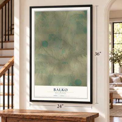 Balko, Oklahoma map, 24 x 36 inch print in a black frame by a staircase
