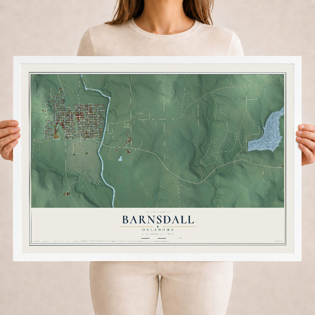 Map of Barnsdall, Oklahoma, 18 x 24 inch print in a white wood frame