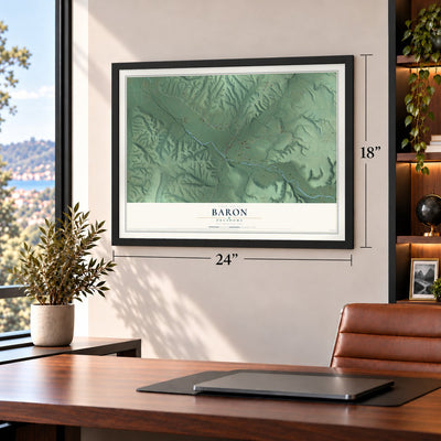 Baron, Oklahoma map, 18 x 24 inch print in a black frame in a home office