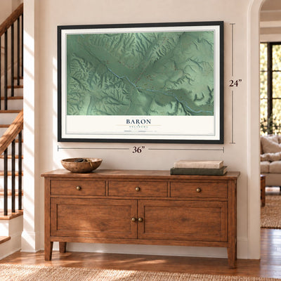 Baron, Oklahoma map, 24 x 36 inch print in a black frame above a dresser by a staircase
